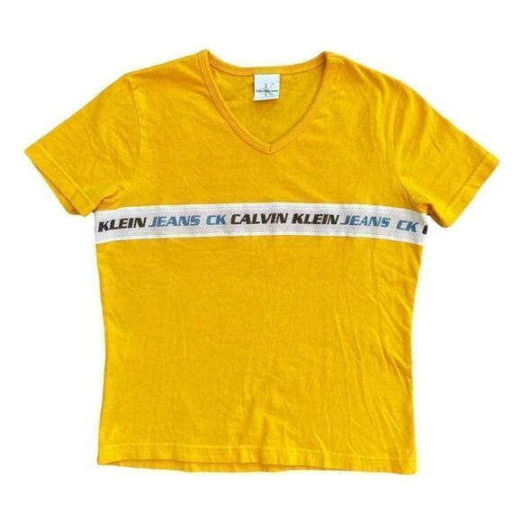 Calvin Klein Jeans Semi-Crop Yellow V-Neck Top Size M Women’s Yellow Logo - Picture 5 of 11